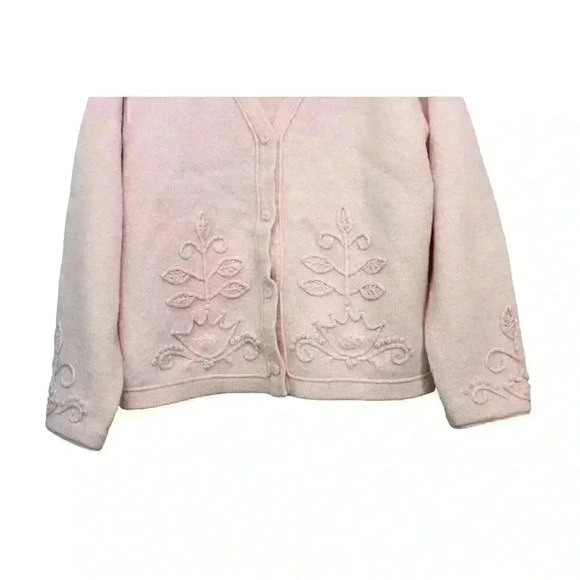 Coldwater Creek Cardigan Sweater Sz Medium 100% Wool Pink Embroidered Oversized - Picture 6 of 11